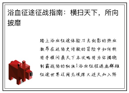 浴血征途征战指南：横扫天下，所向披靡