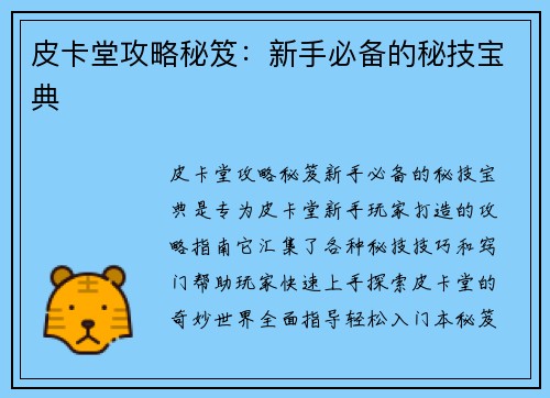 皮卡堂攻略秘笈：新手必备的秘技宝典
