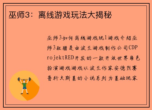 巫师3：离线游戏玩法大揭秘