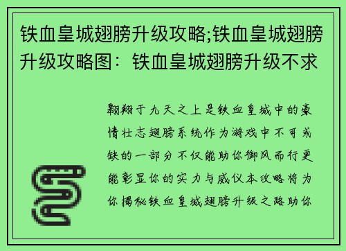铁血皇城翅膀升级攻略;铁血皇城翅膀升级攻略图：铁血皇城翅膀升级不求人，飞天之路尽在掌握
